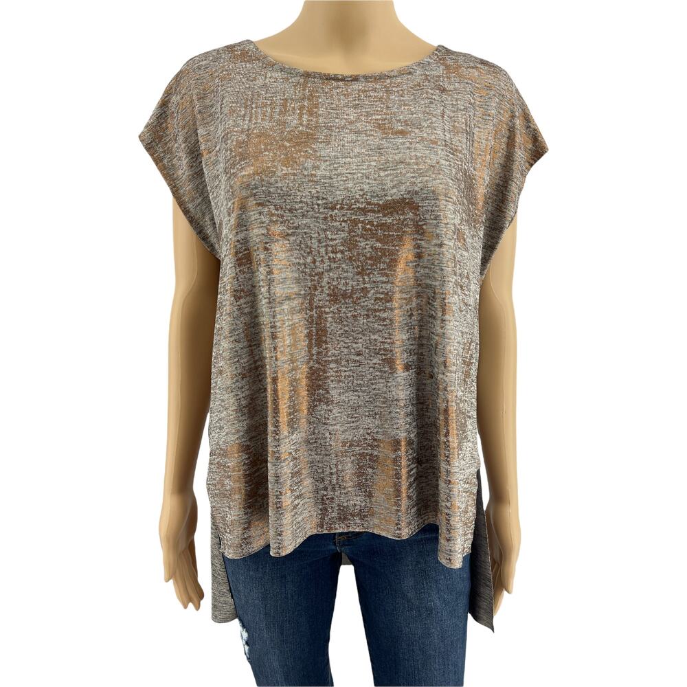 Dantelle (M) Gray Bronze Cap Sleeve Metallic High Low Hem Tee Shirt